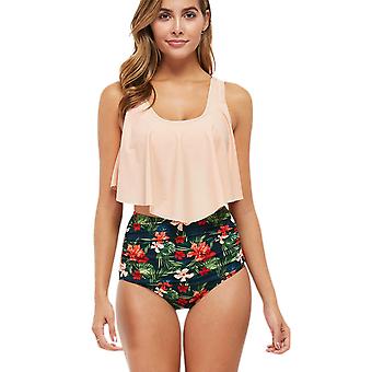 Veeki Swimsuits for Women Two Piece Bahting Suits Double Ruffled Swim Top High Waisted Bottoms Swimswear Bikini, Beige, XS