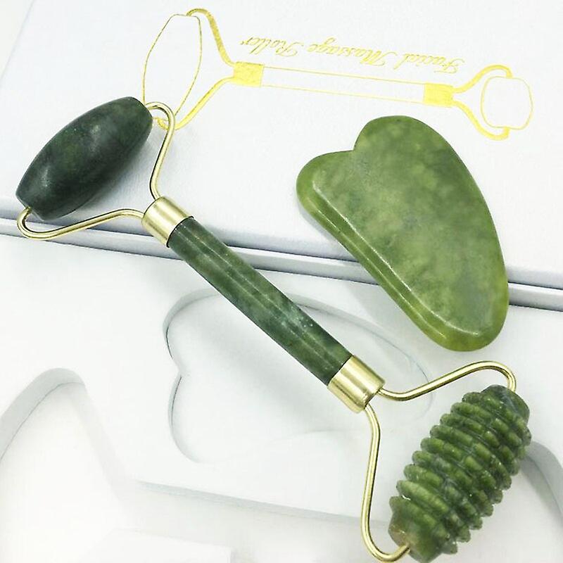 Green Natural Jade Stone Kaksipäinen monitoimihierontarulla Gua Sha Scraping Tablet Kauneushierontasetti
