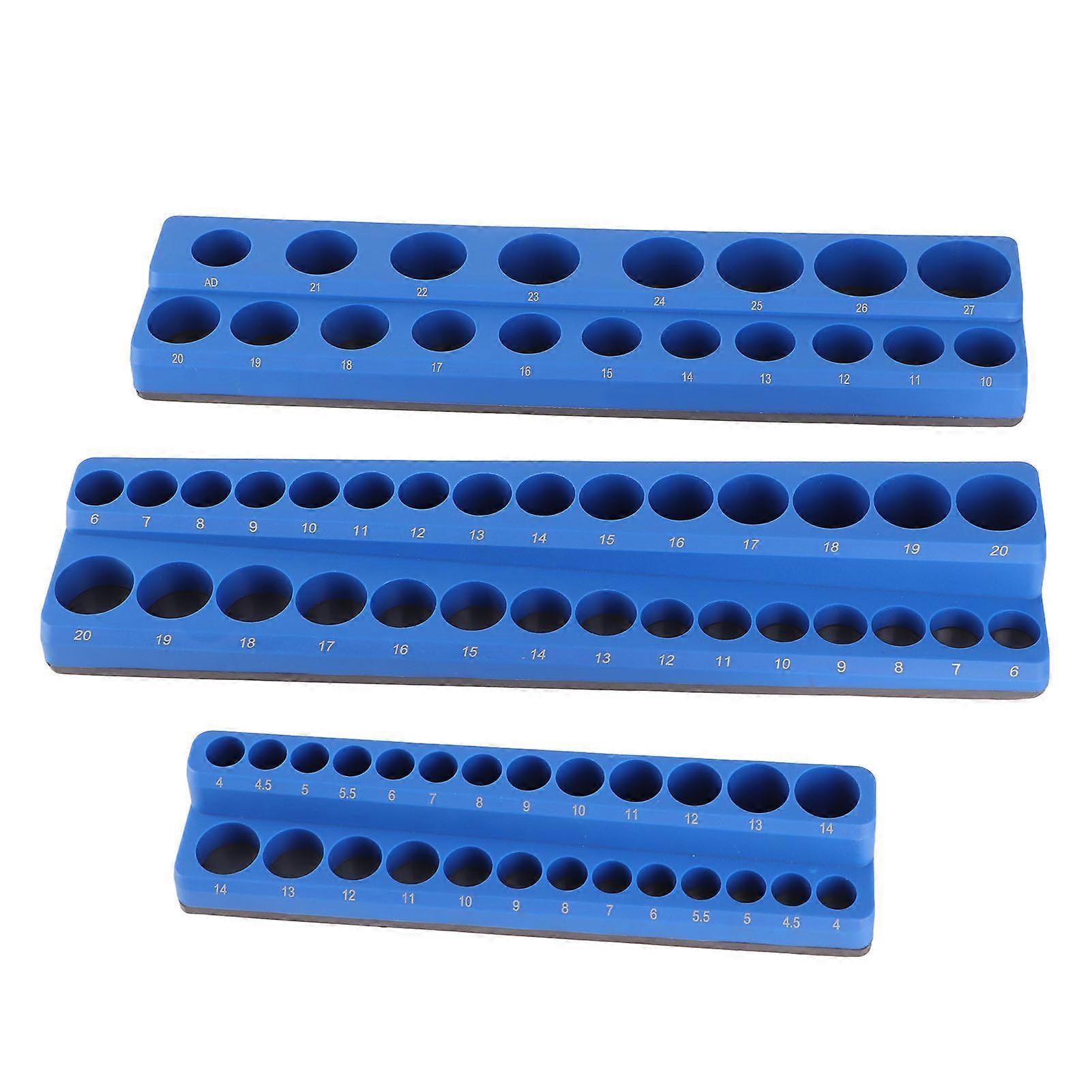 3PCS Magnetic Socket Organizer Set 1/4in 3/8in 1/2in Drive Sockets Storage Tray Powerful Portable Socket Holder for Toolboxes Metric E2U411