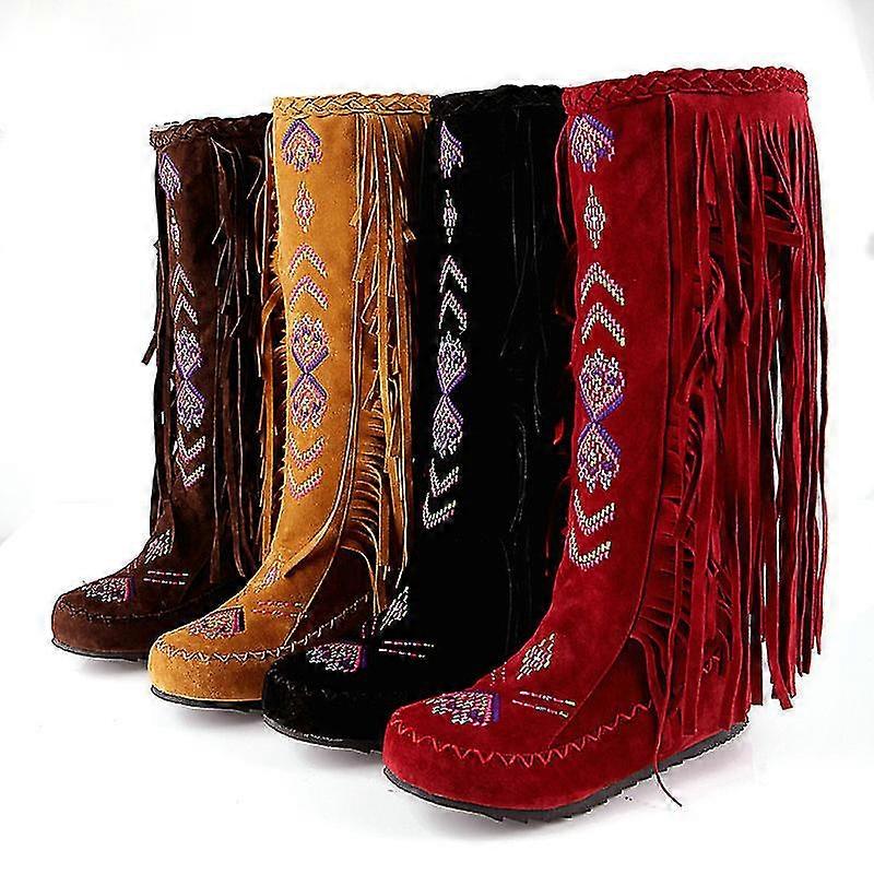 Ethnic Style Retro Fringed Boots Women's Autumn and Winter Flat Bottom Increased Inside Mid-calf