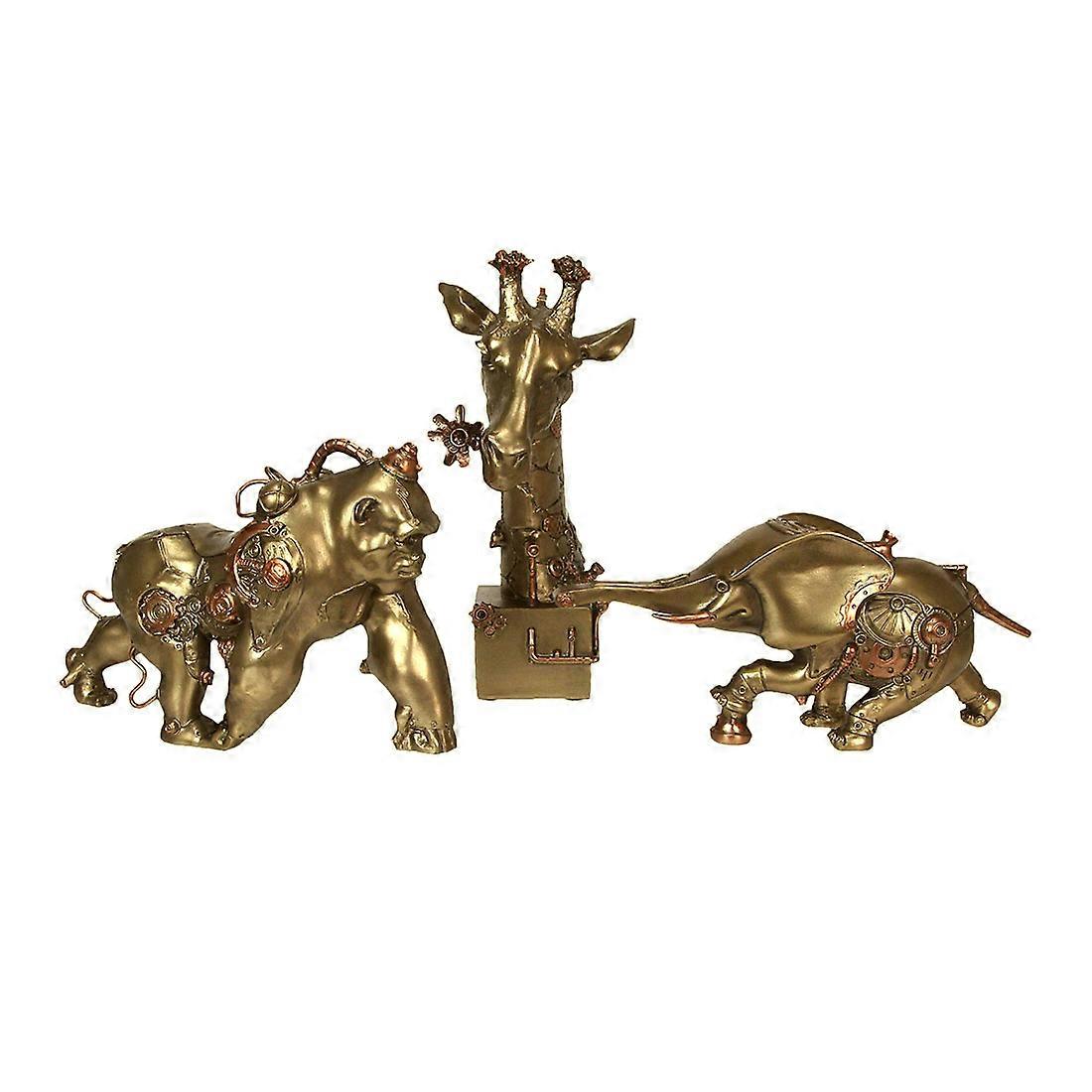 Set of Three Steampunk Sculptures: Mechanical Elephant, Gorilla, and Giraffe – Hand-Painted Bronze Resin, Blending Animal Majesty with Industrial Aesthetics