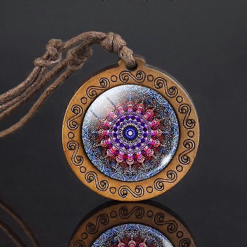 Sri Yantra曼荼羅ガラスネックレスウッドペンダント仏教神聖幾何学ジュエリースピリチュアルヨガギフト
