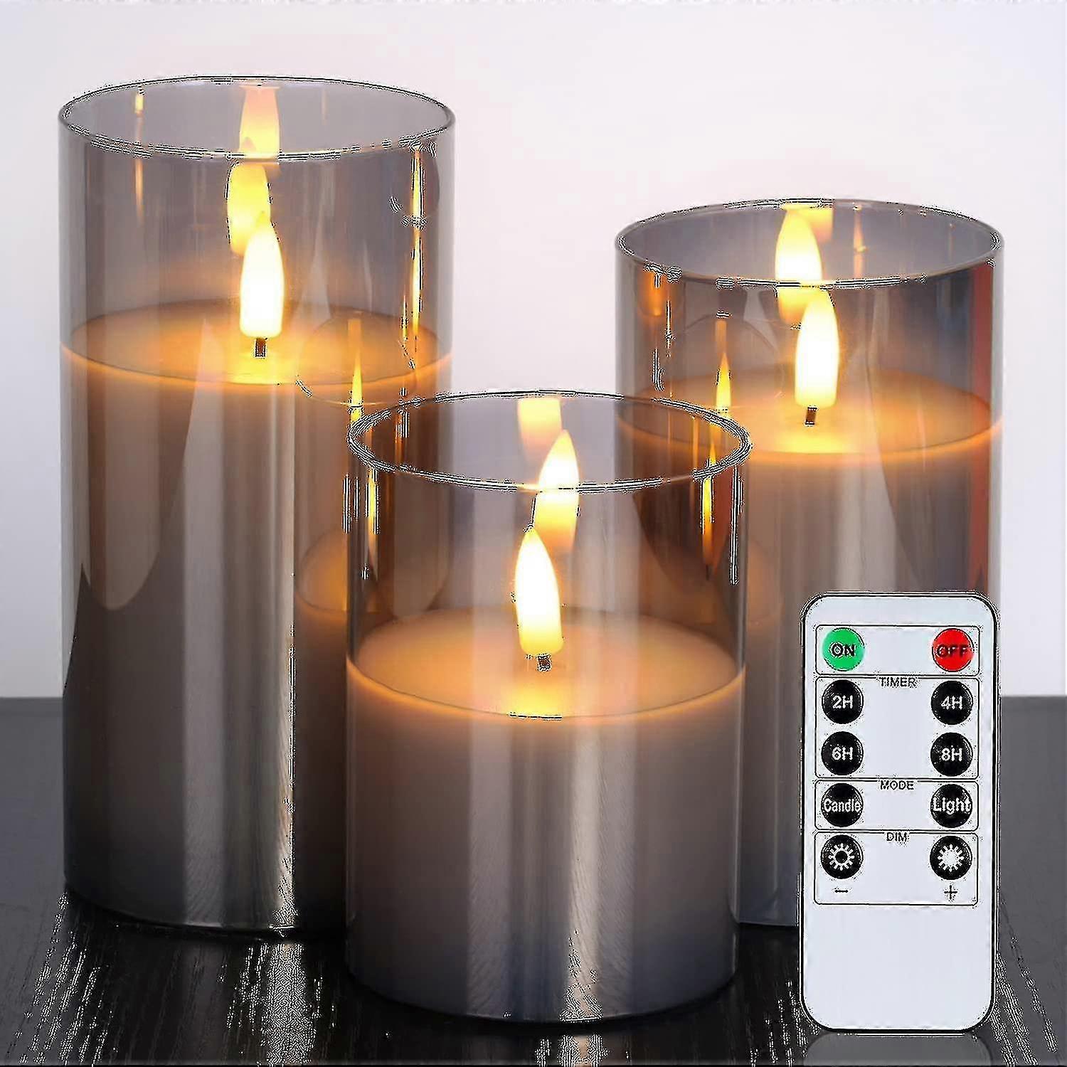 Glass Led Flameless Candles, Battery Candles, Pillar Candles Battery Operated With Remote Control And Timer, Electric Candles, Wax+grey Glass, Set Of