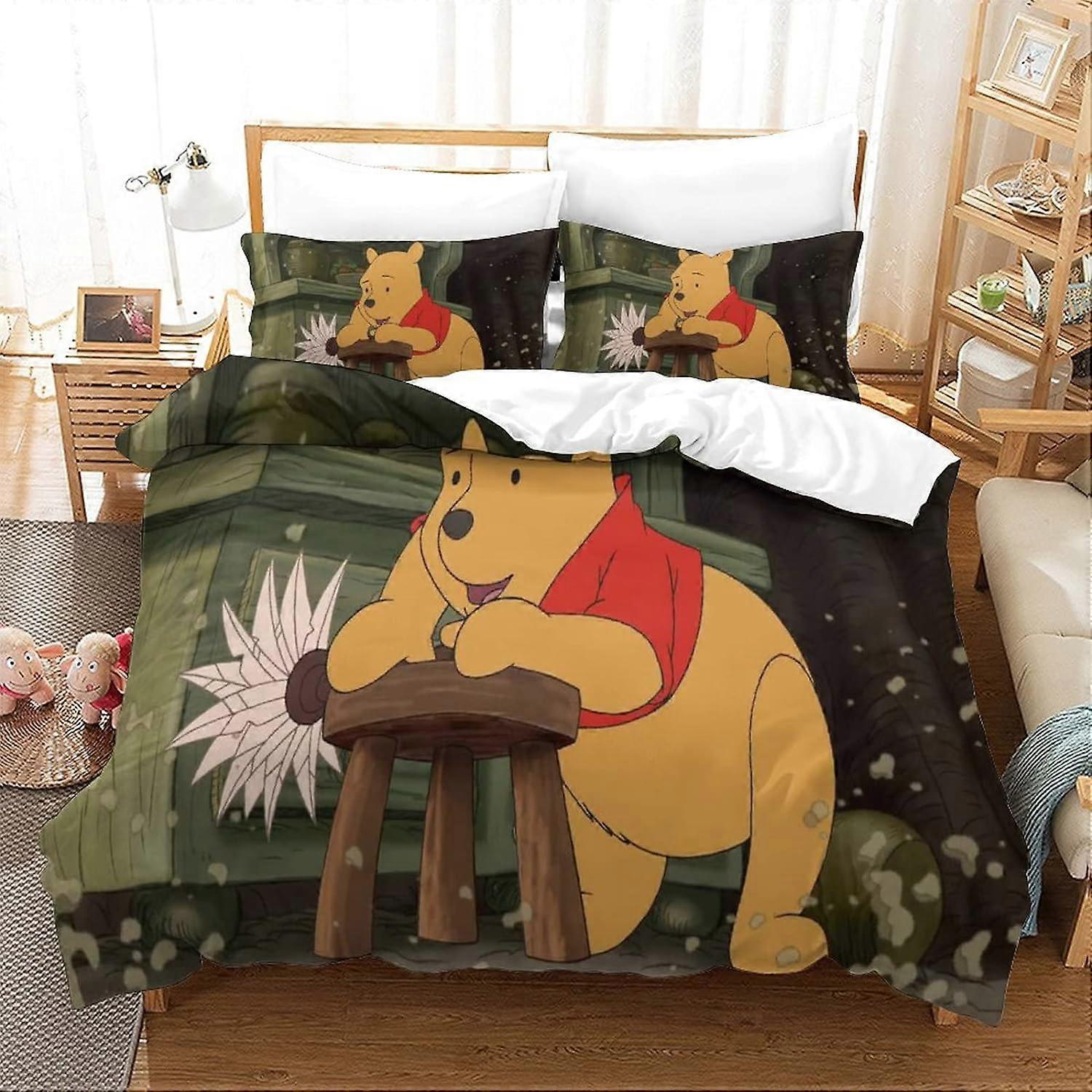 Winnie the Pooh Duvet Cover Set Animated Characters Pattern Soft Microfiber Bedding Set with Zipper Closure for Girls Boys Kids