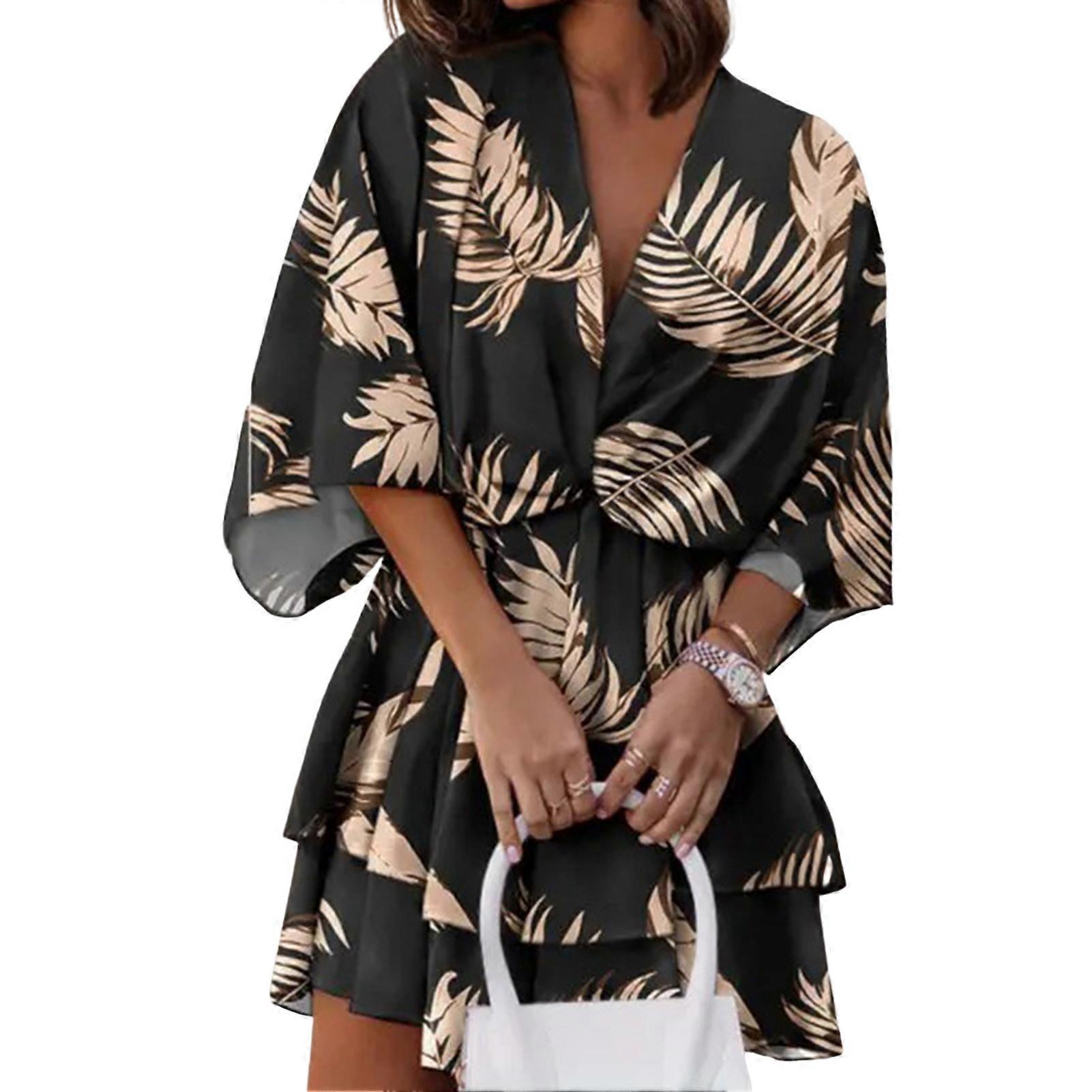 Women\'s Loose Mini Dresses Summer Deep V-Neck Floral Printed Dress for Office Work Outfit
