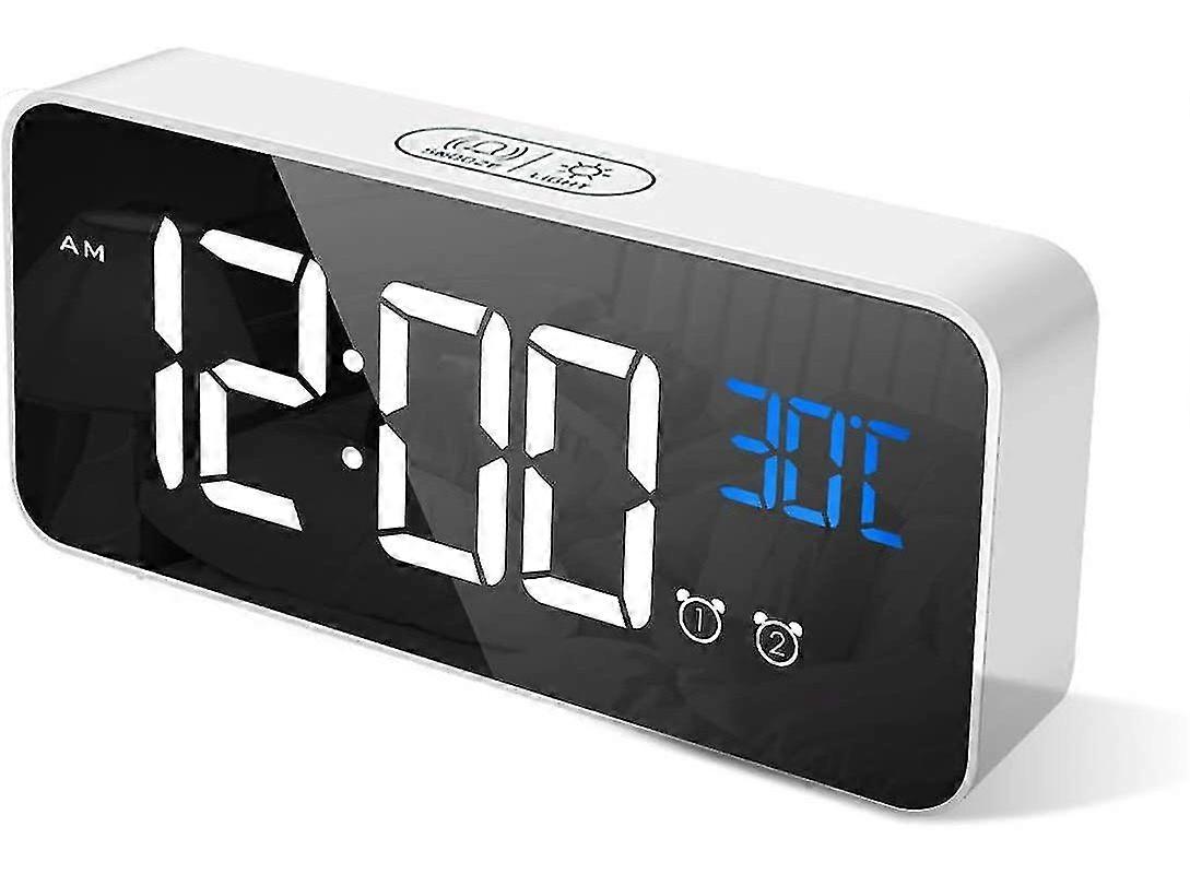 Digital Alarm Clock, Led Bedside Clock Dimmable Mirror Display White
