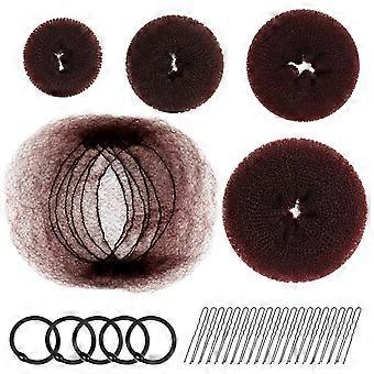 Hair Donut Bun Maker, Girls Hair Styling kit with 20 Pieces Invisible Hair Nets for Bun, 5 pieces Hair Elastic Bands, 20 pieces Hair Bobby Pin, Brown