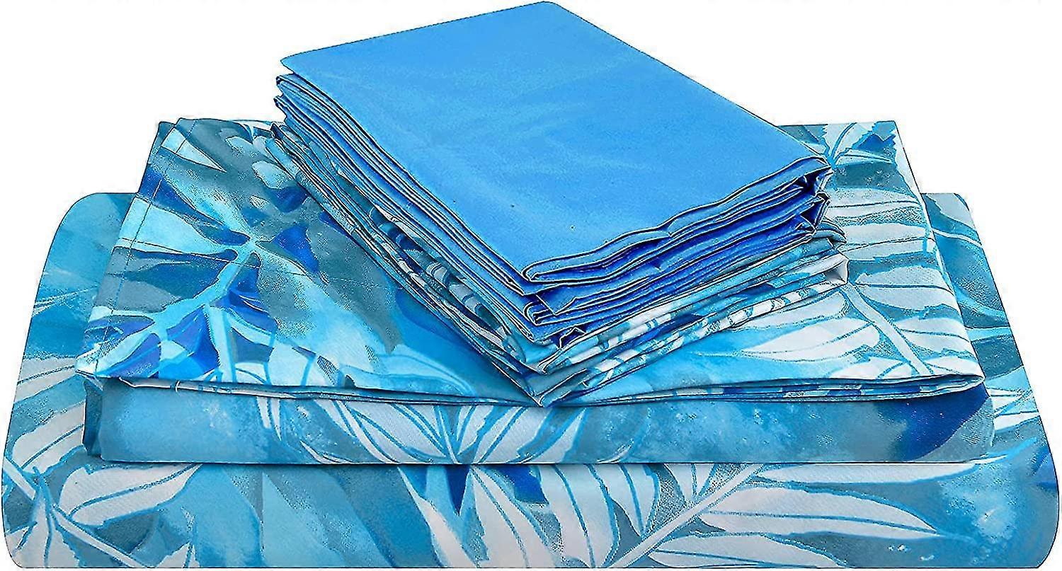 Turquoise Blue Leaves Print Sheet Set King Size, 6 Piece Botanical Pattern Soft Microfiber Sheets Extra Deep