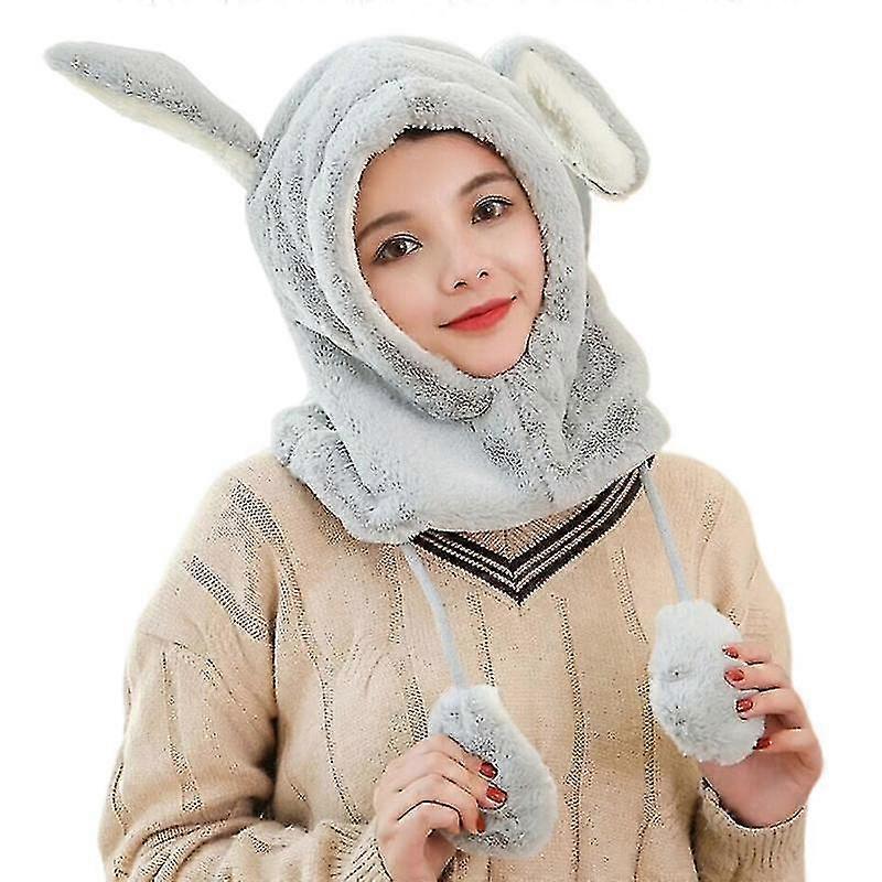 Plush Rabbit Ears Cap Headgear Thermal Bib Movable Rabbit Ears Hat Windproof(Gray)