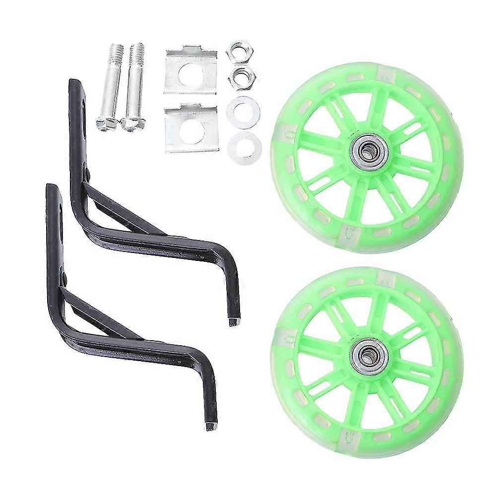 2pcs crianças bicicleta roda auxiliar piscando luz piscando mudo roda acessórios com 18 polegadas suporte verde