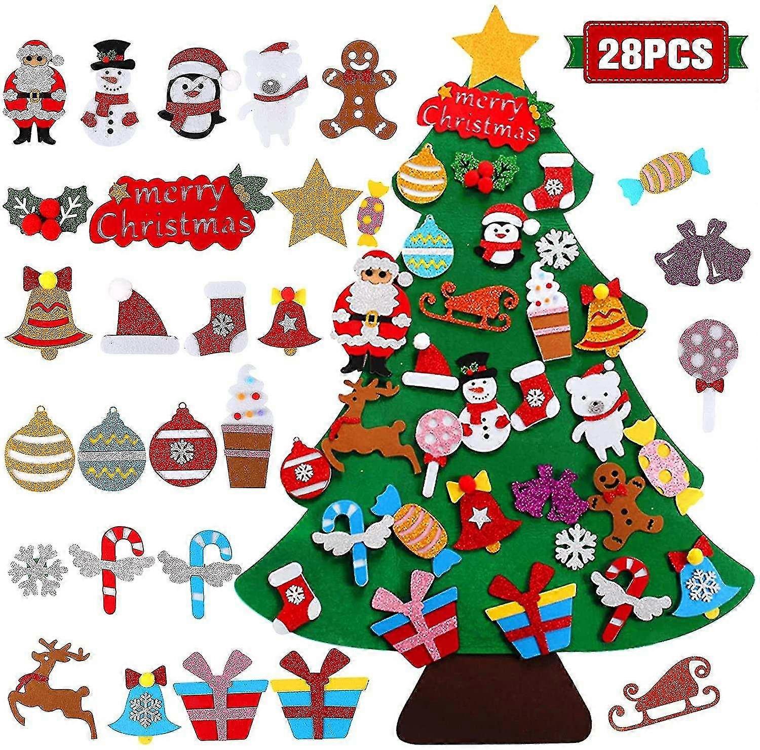 Felt Christmas Tree Decoration,3.3ft Kids Christmas Tree With 28pcs Gold Powder Detachable Christmas