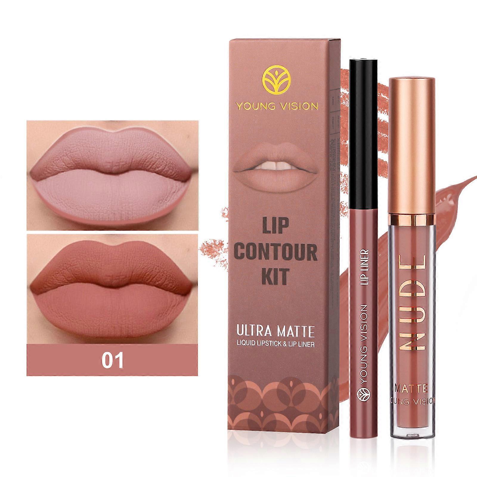 Lip Gloss + Lipliner 2 Sets Not Easy To The Cup Matte Lip Gloss Rotatable Lipliner Flye2892