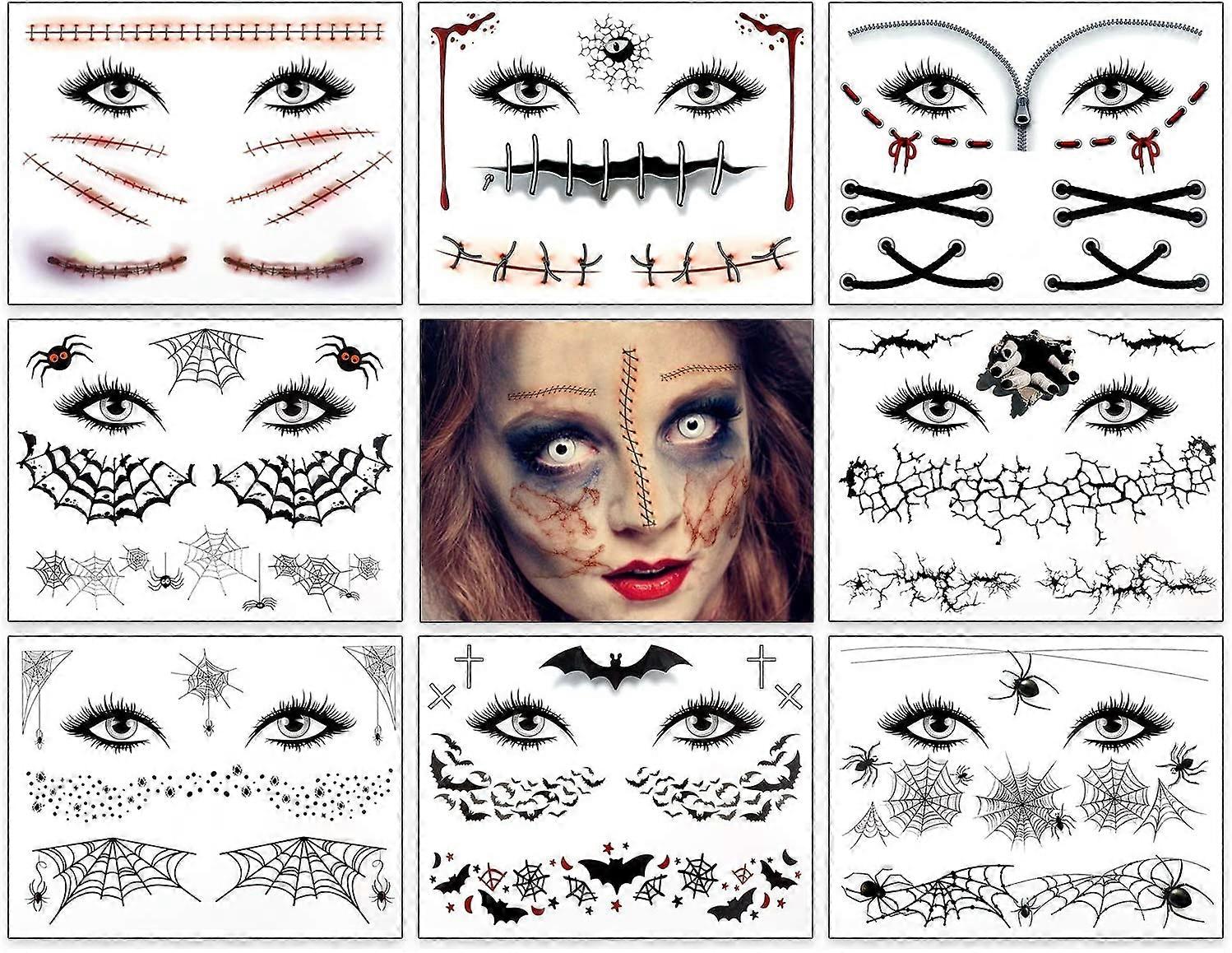 Qpout 9 Blatt Halloween-Gesichtstattoos – Horror-Motive Wie Mundwunden, Narben, Spinnennetz & Fledermäuse