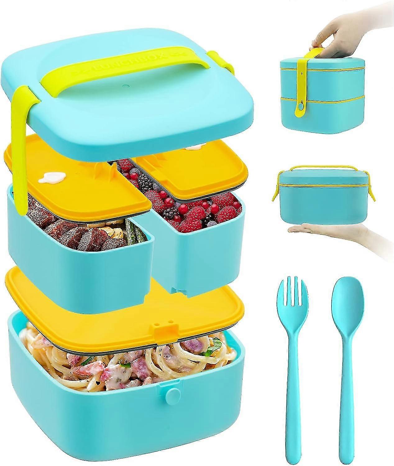 Upgraded Stackable Bento Lunch Box - Leakproof Container With Cutlery (1600ml, Blue)