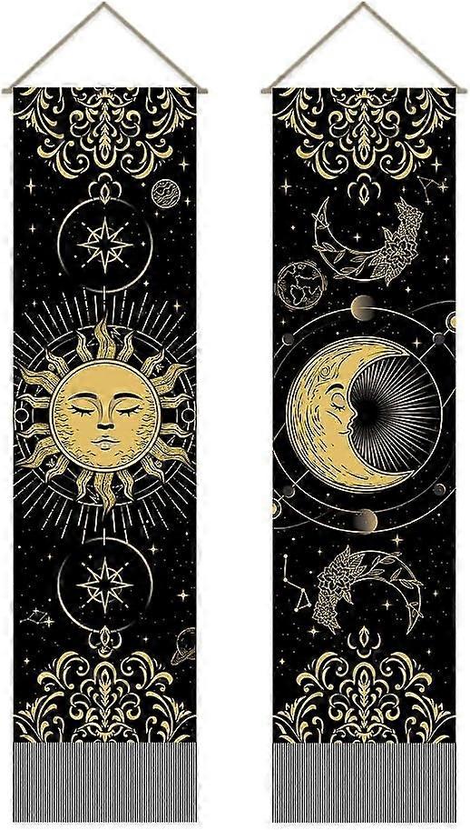 Pack of 2 Sun Moon Tapestries Constellation Universe Tapestry Mystical Black Gold Color Matching Sun Moon Tassel Tapestry Wall Hanging for Room 13 x 5