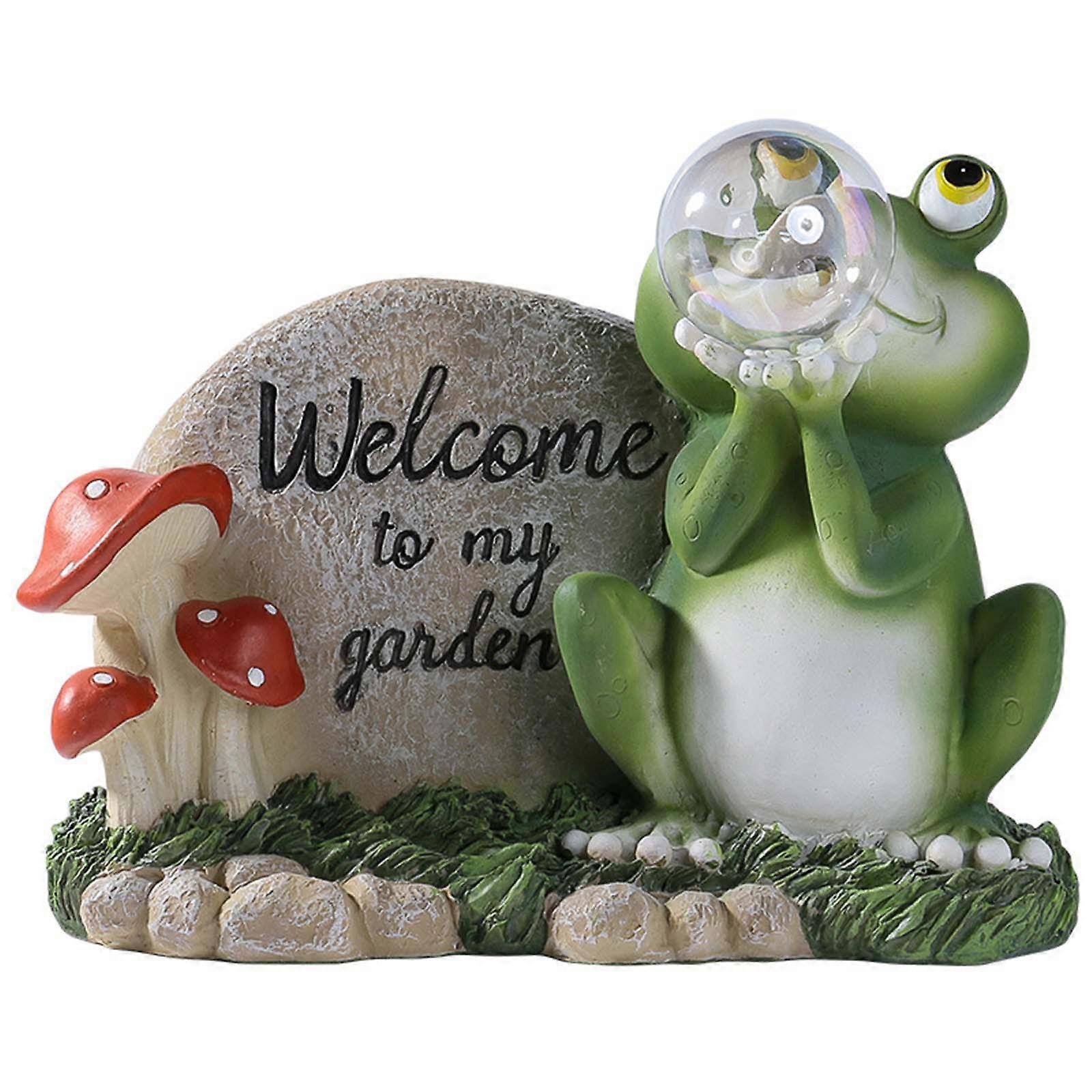 Solar Garden Statue for Frog Blowing Bubble Color Changing Light Welcome Sign