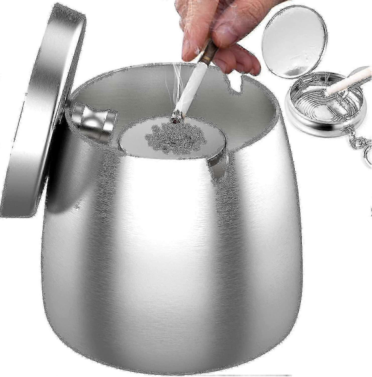 Askkopp i rostfritt stål med lock, vindtät askkopp för utomhusbruk med halkfri botten för utomhus- och inomhusbruk