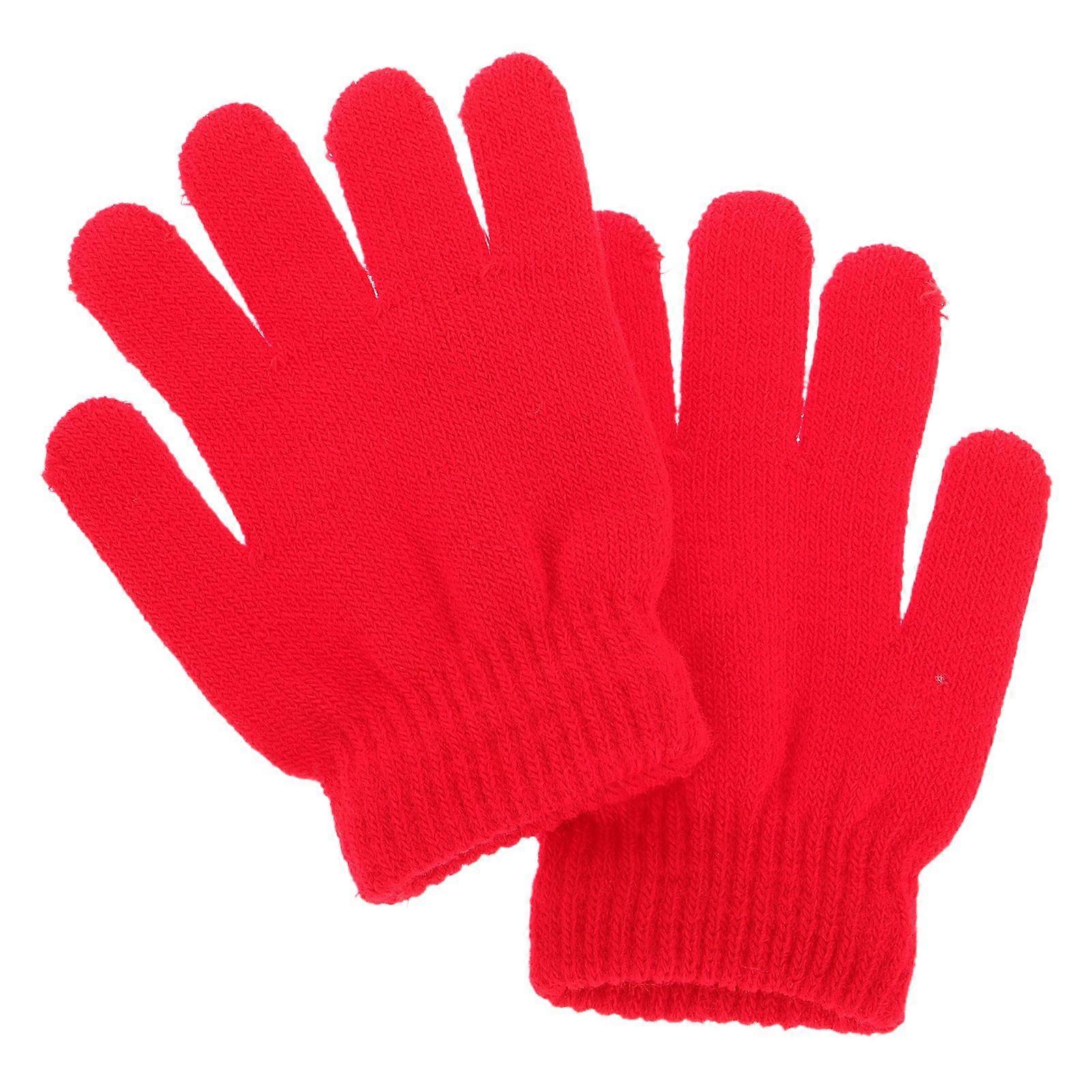 Children's Gloves Autumn and Winter Models Knitted Solid Color Five Fingers Warm Gloves 4-12 Years Old (Red)