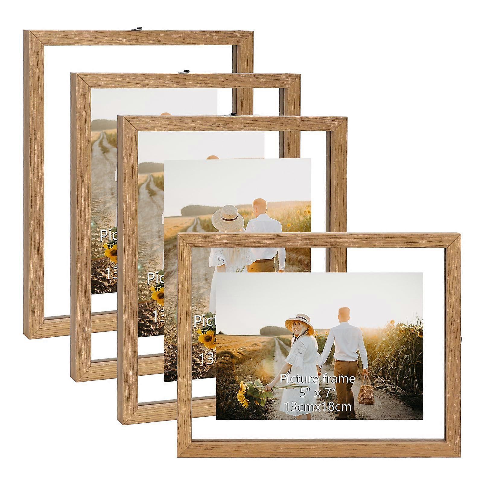 4 Set Floating Picture Frames Natural Wood Wall Hanging 5x7 Inch for Home Decor and Gallery Display