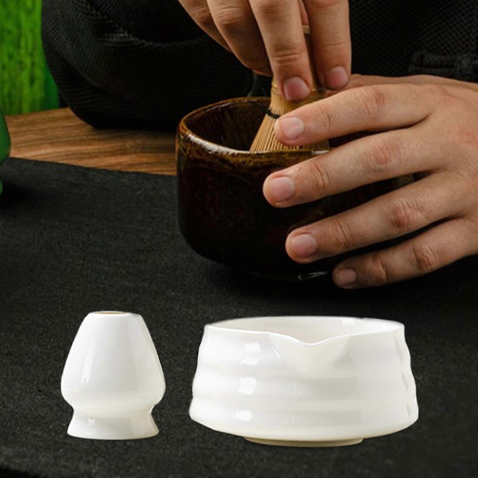 2 Pieces Matcha Bowl Tea Utensils and Whisk Holder Smooth Surface Ceramic for Desktop