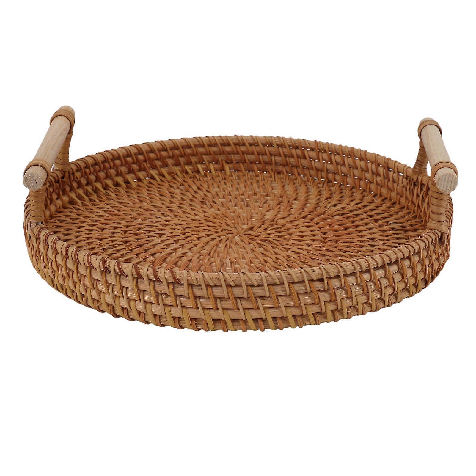 Rattan Fruit Tray with Solid Wood Handles, Hand Woven Round Serving Tray for Storage Display Bread and Fruit, Durable and Stylish