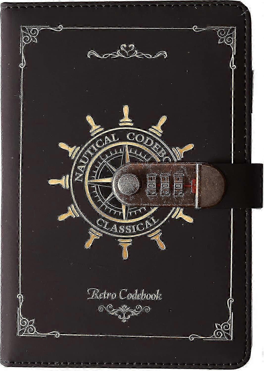 Vintage Pu läder dagbok med kombinationslås (nautiskt mönster), A5 Secret Password Notebook Diary