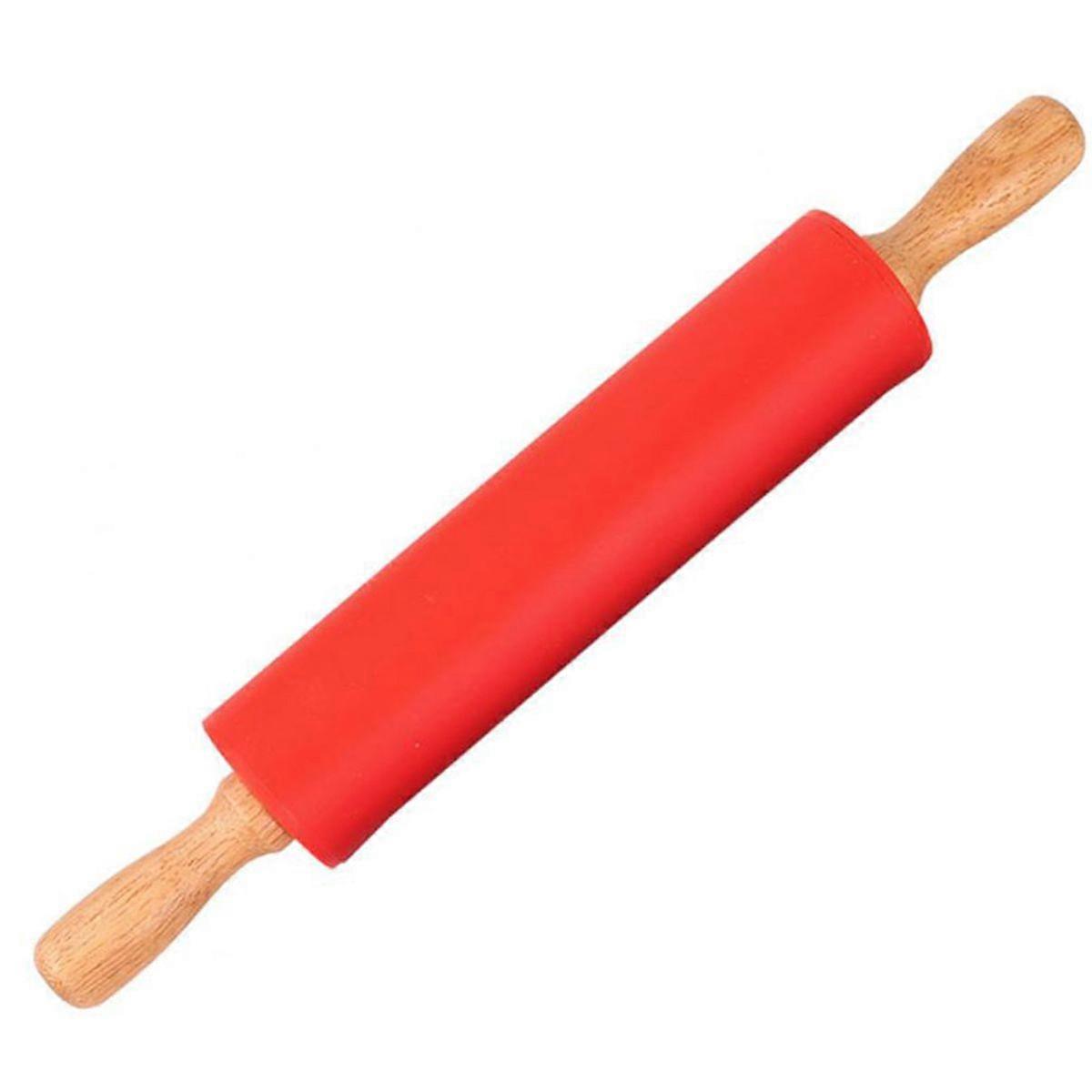 Silicone Rolling Pin with Wooden Handle NOn stick  Kitchen Cooking Baking Tool(Red)