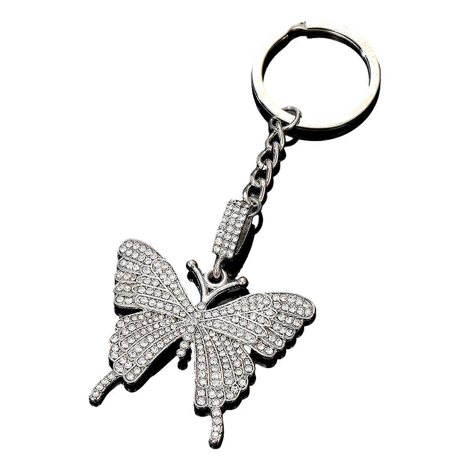 Charming Diamond Inlayed Butterfly Keychain Glittering Butterfly Keyring Charm Cute Keychain for Women's Accessories Silver