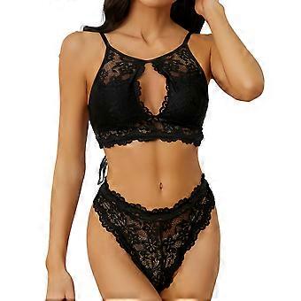 Damen Sexy Dessous Anzug Schmetterling Rücken Spitze BH und Höschen Set Damen Drei-Punkt-Set Durchsichtiger Pyjama Rollenspielanzüge Schwarz XL