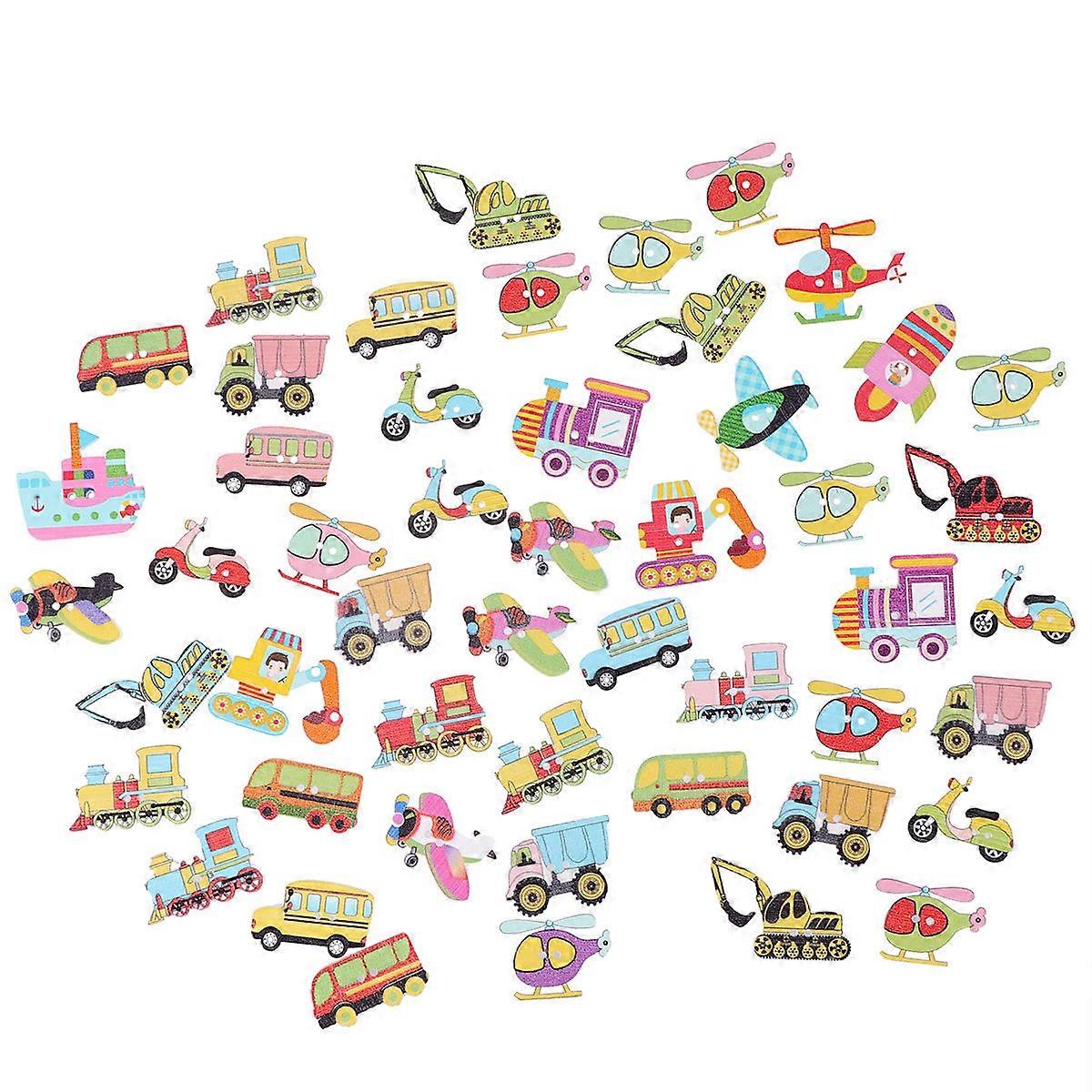 Coloured Buttons Wooden Buttons Handmade Color Cartoon Transport Sewing Needlework Scrapbooking Diy Accessories Assorted Color 50Pcs