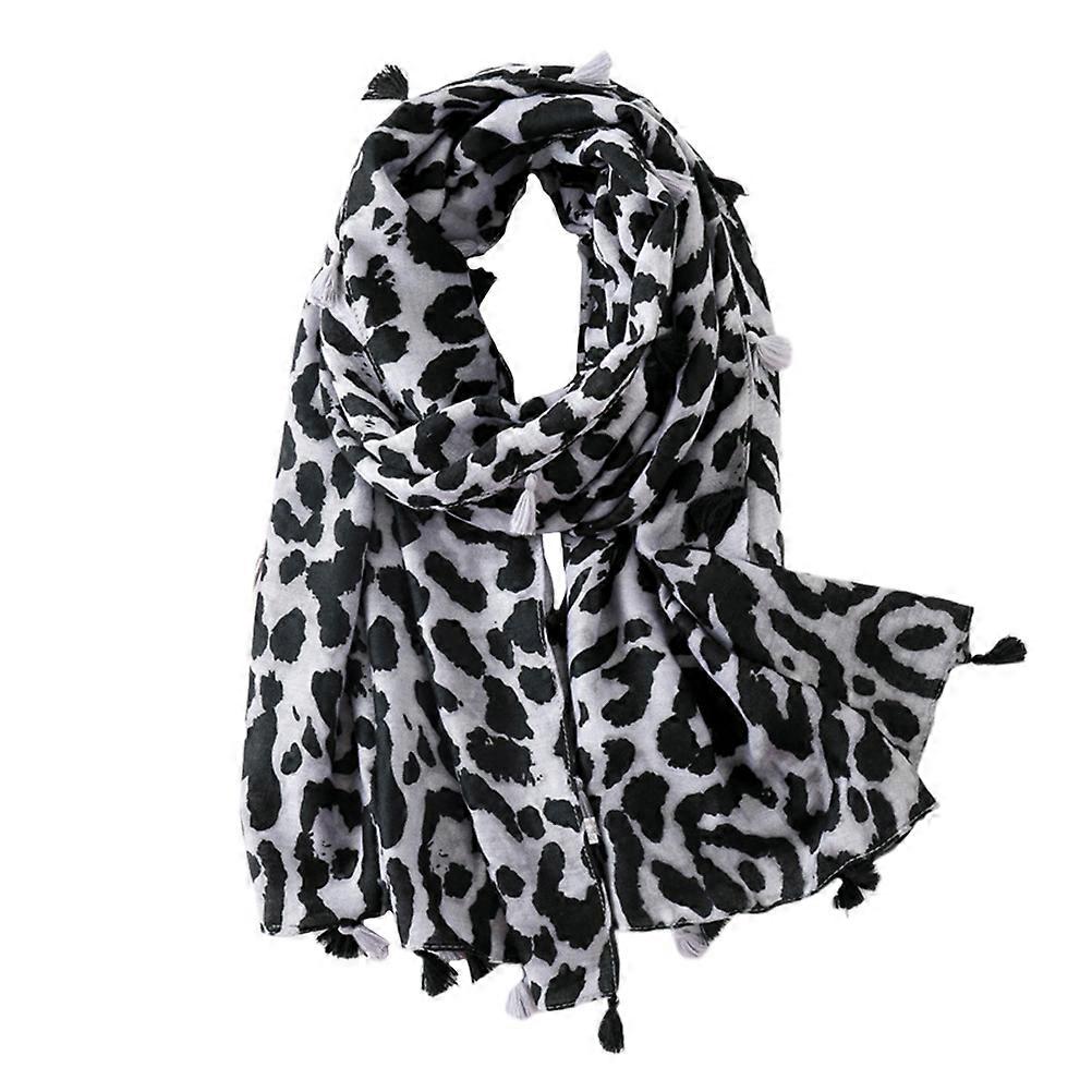 Women's Cotton Leopard Print Long Scarf Shawl Wrap Grey, All Season Stylish Accessory for Travel, Party, Beach, and Gift Use