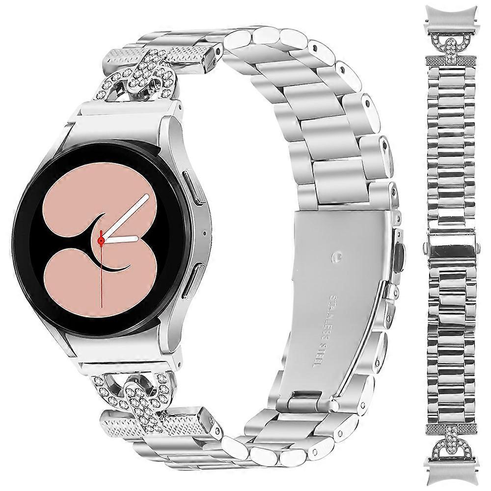Watch Strap with Quick Release Connector Compatible For Samsung Galaxy Watch7 44mm / 40mm Silver Metal Band D-Shape Rhinestones De