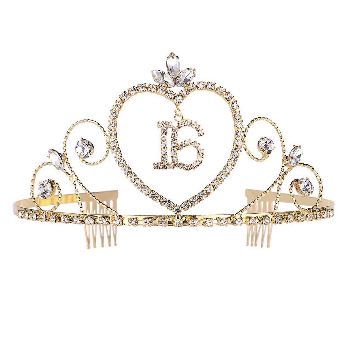 FRCOLOR 1pc 16 Years Old Birthday Crown with Alloy and Rhinestone Number Comb Elegant Headwear Golden