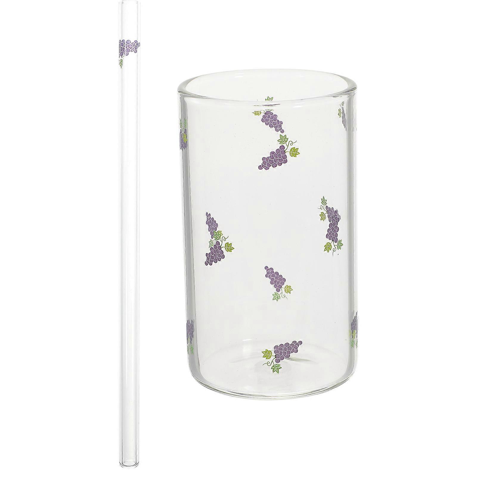 Grape Glass Cup With Straw For Parties Transparent Borosilicate Glass 1 Set Milk Storage