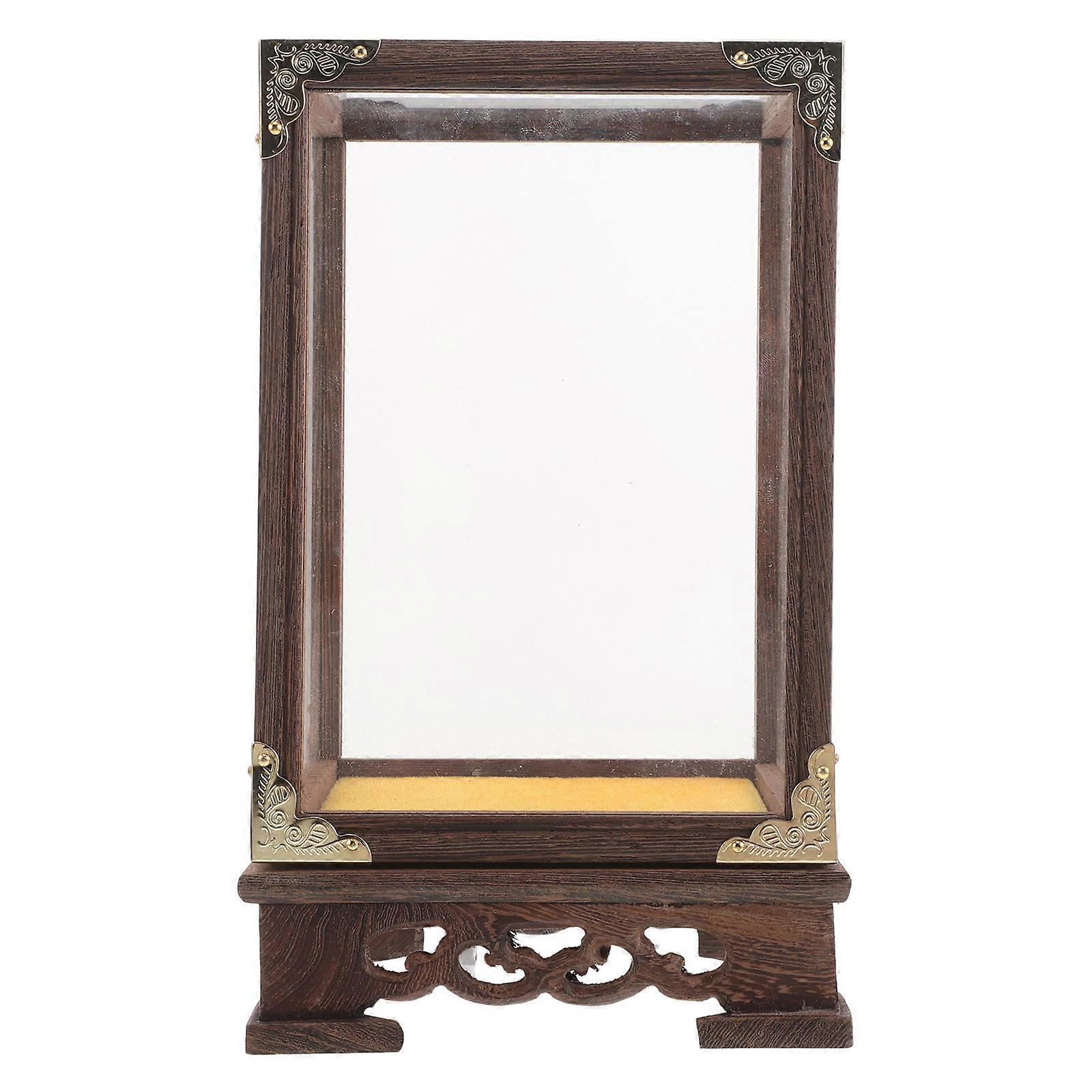 Antique Wooden Glass Display Box For Buddha Collectibles Organizer With Dark Red Color And Square Shape For Home Decor 1Pack
