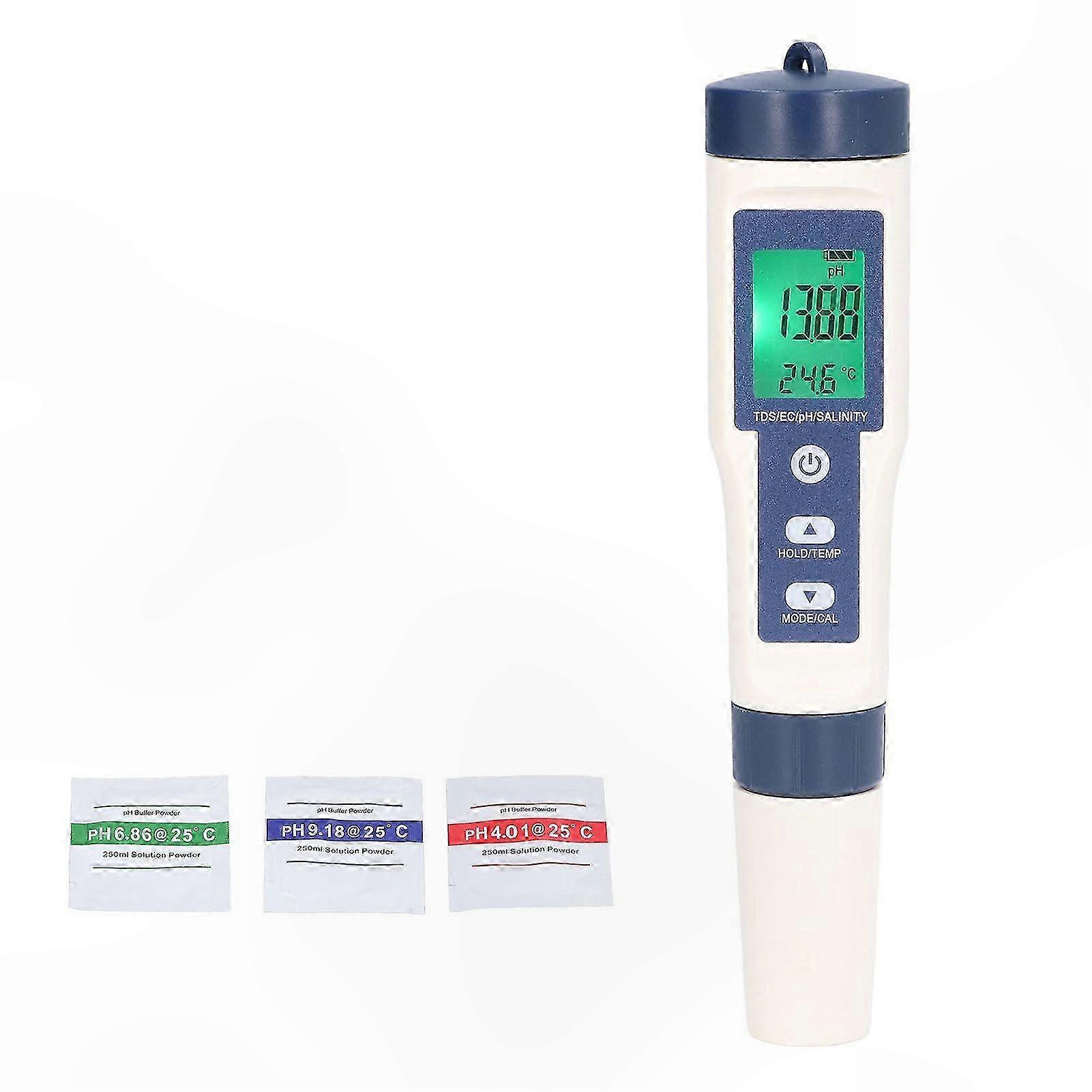 5-in-1 Water Quality Tester for pH, Salinity, Temperature, TDS, EC with Backlit Display and Waterproof Design