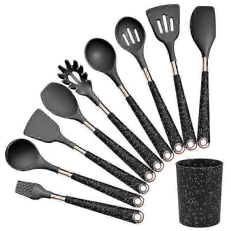 Silicone Kitchen Utensils Set: 9pcs Spatula, Spoon & Other Kitchenware (Black)