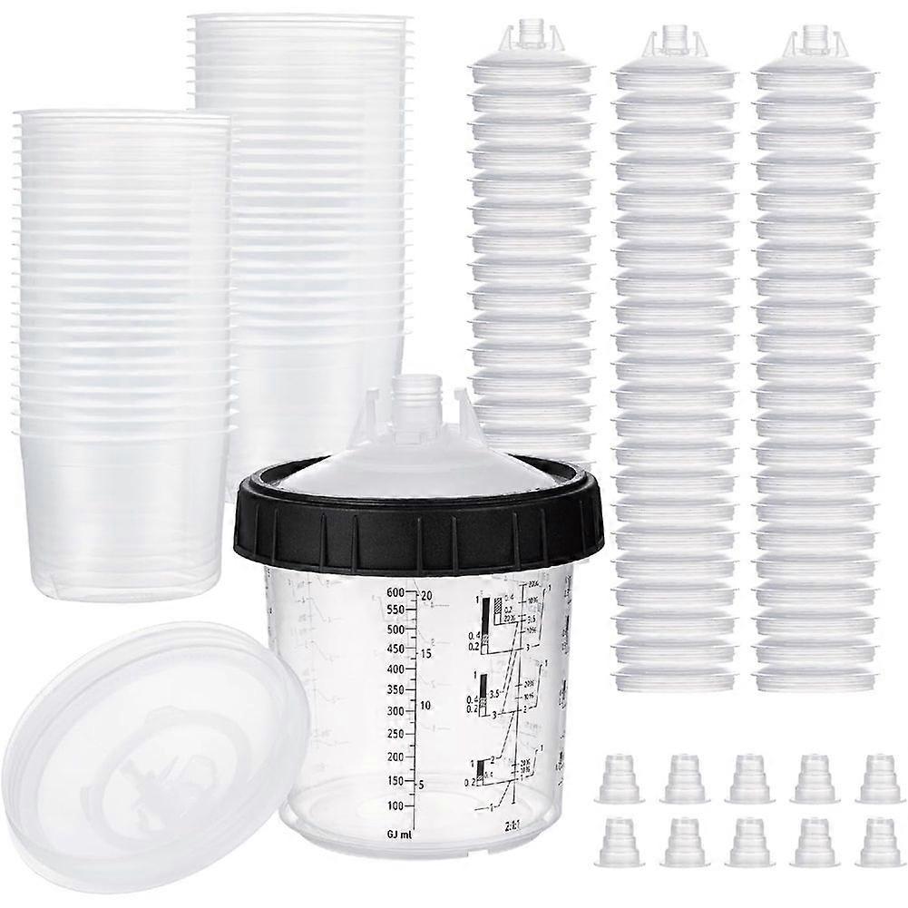 Paint Cups, Mixing & Paint Cup 20 Ounce (600ml) Kit 50 Cups and Lids System, 1 Hard Cup with Retainer Ring and 20 Plugs