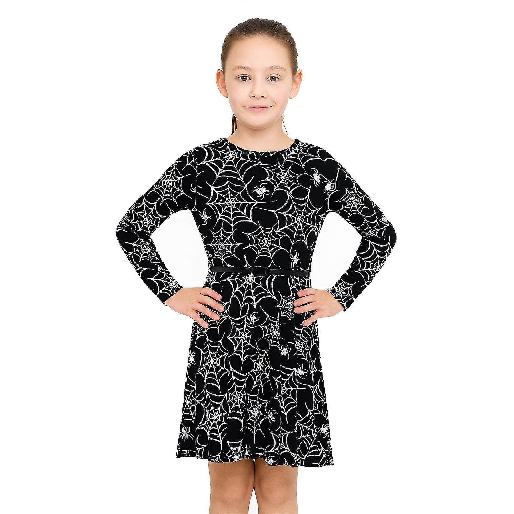(13 Years, Spider Web Print) Girls Skater Dress Kids Xmas Party Dresses Halloween Costume New Age 3-13 Years