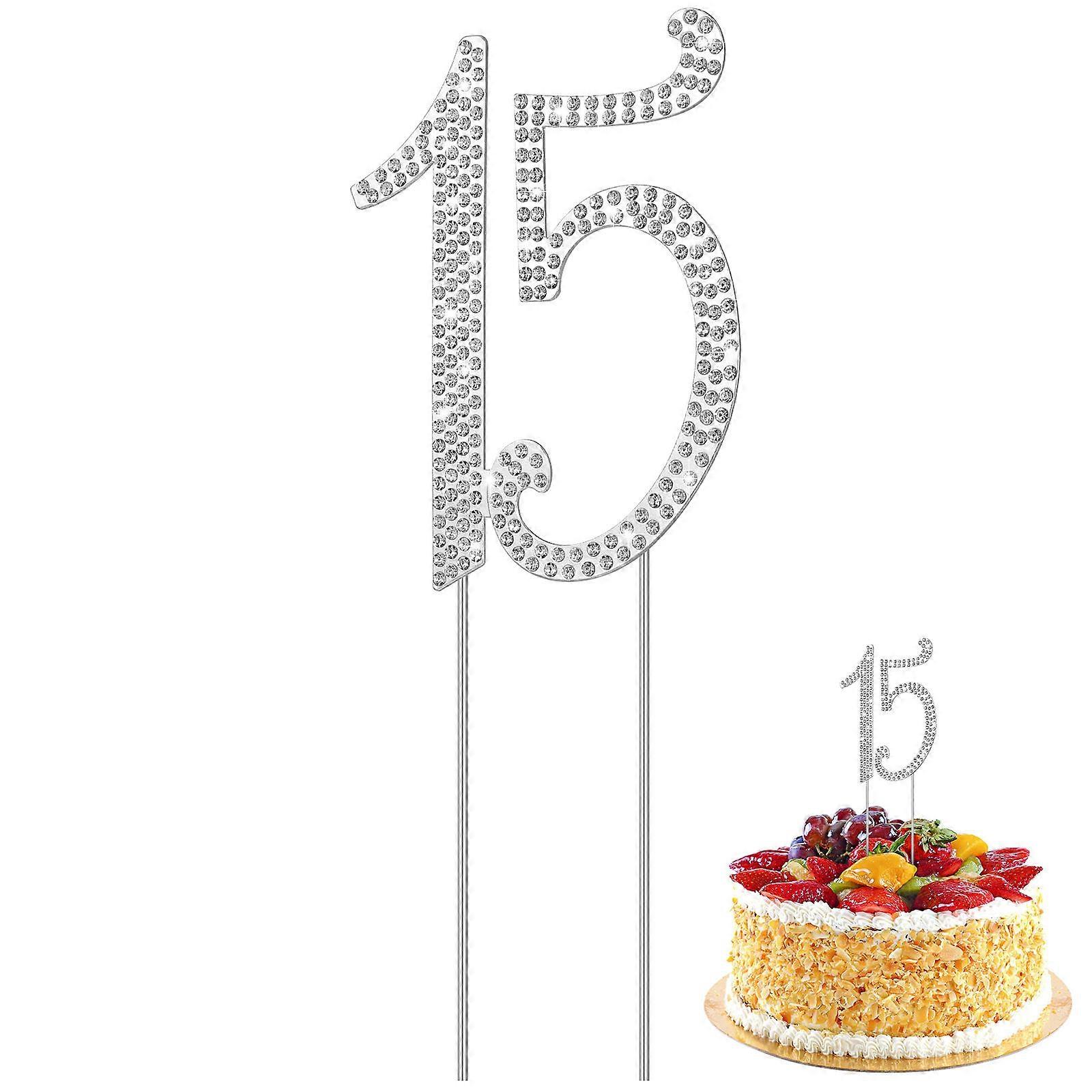 Rhinestones 15 Cake Topper For Anniversary Party Supplies Decorative Unique Silver 1Pack