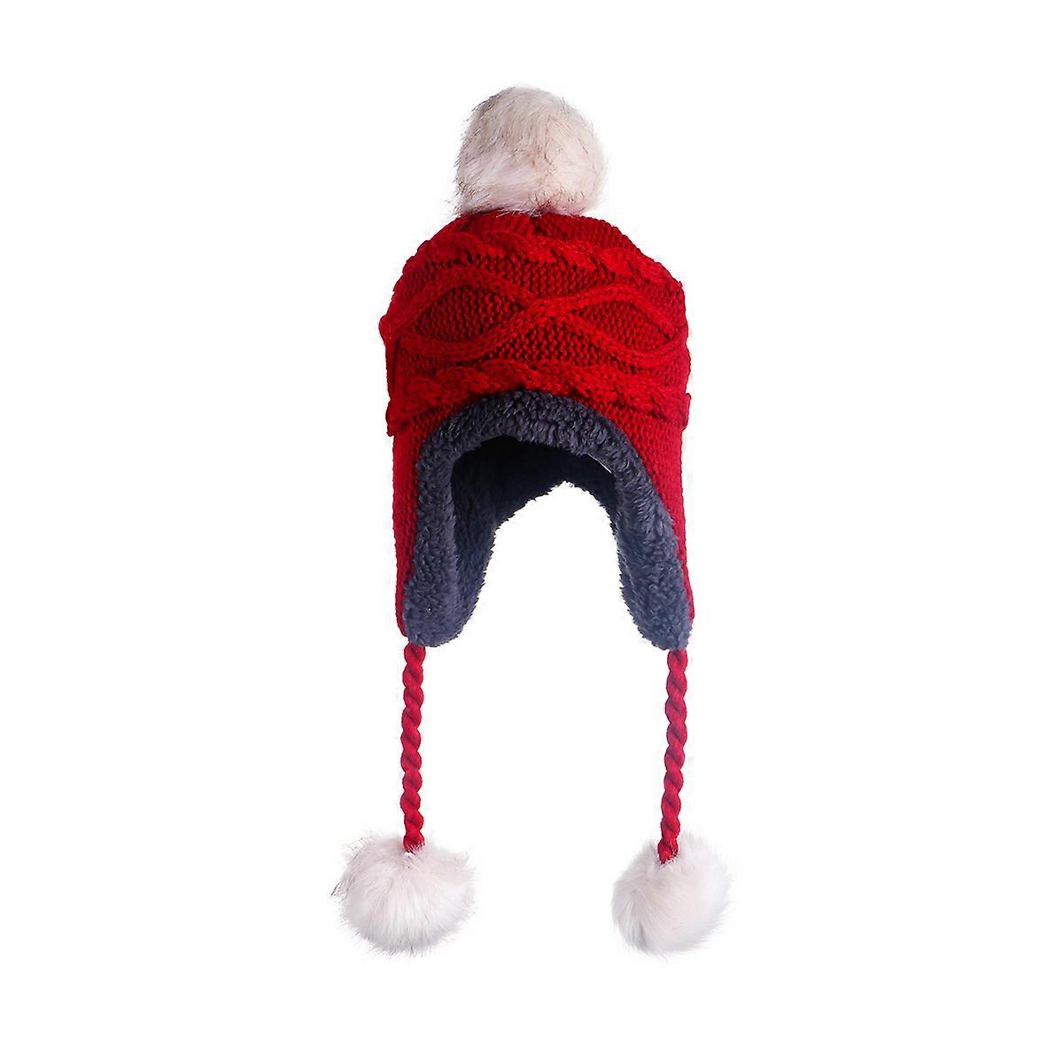 Warm Winter Hat Knitting Wool Hat for Wearing Red Pom Ear Flap