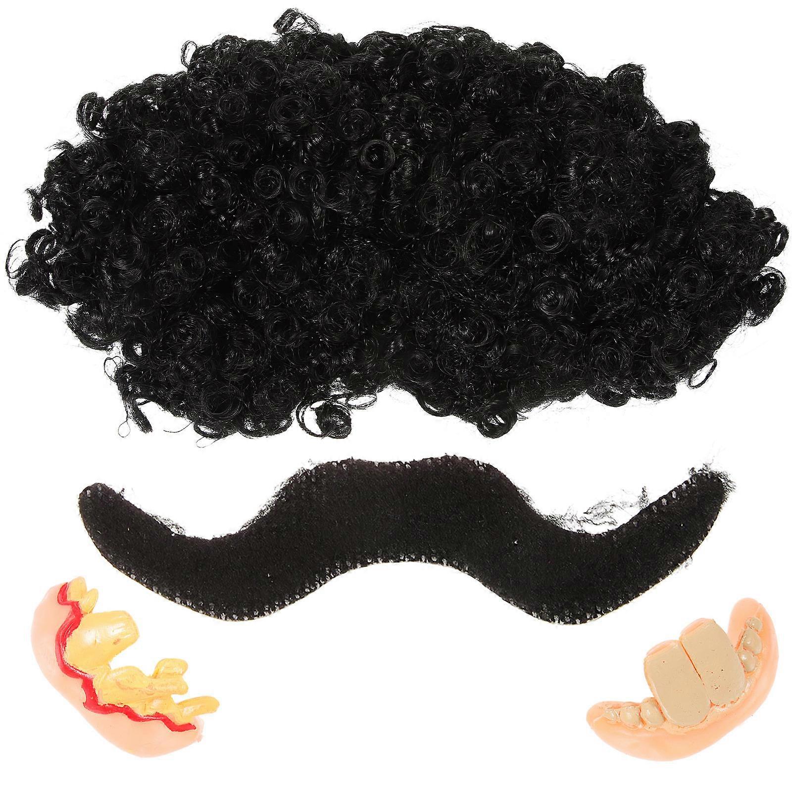 Halloween Props Black Wig False Teeth Beard Set for Decoration Use 4Pcs
