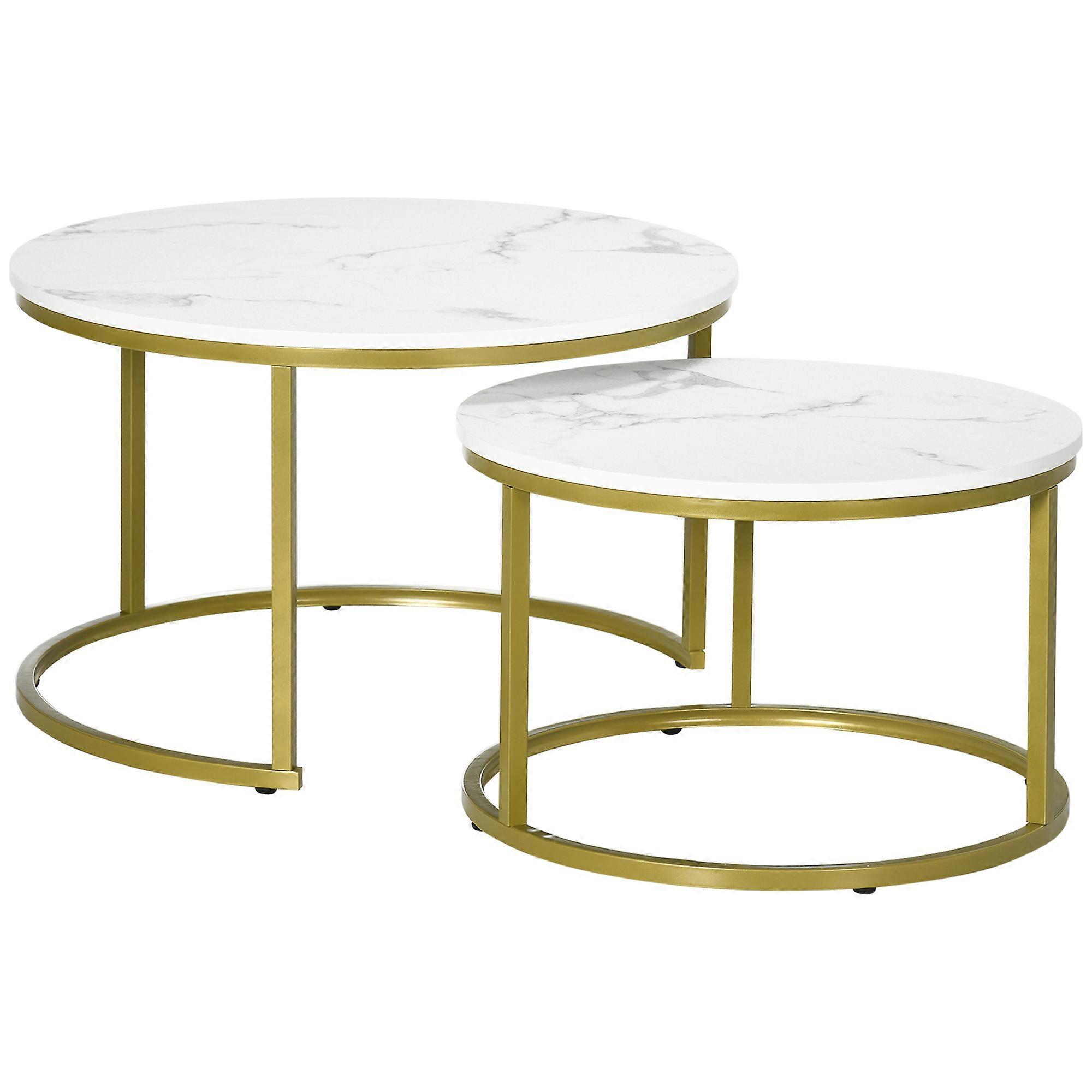 White Round Coffee Table Set Marble Effect Gold Steel Stackable