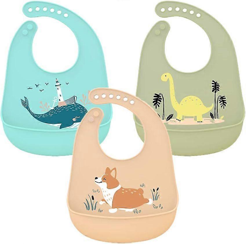 3 Pack Silicone Bib Leakproof Feeding Bib with Crumb Catcher Easily Washable Super Soft Reusable Bib for Toddlers EatingA
