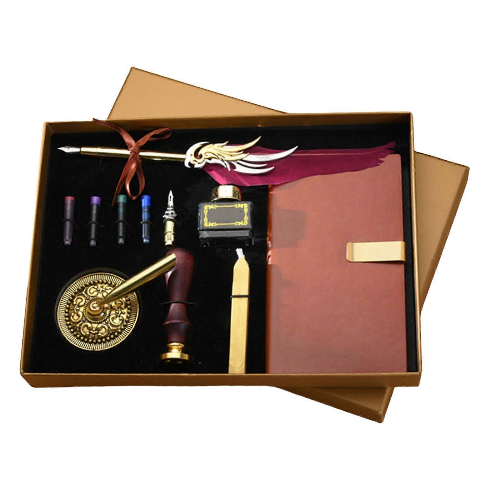 Vintage Feathered Dip Pen and Seal Stamp Set, Leather Notebook Dip Pen and Inks Set for Party Invitation Scrapbooking  wine red