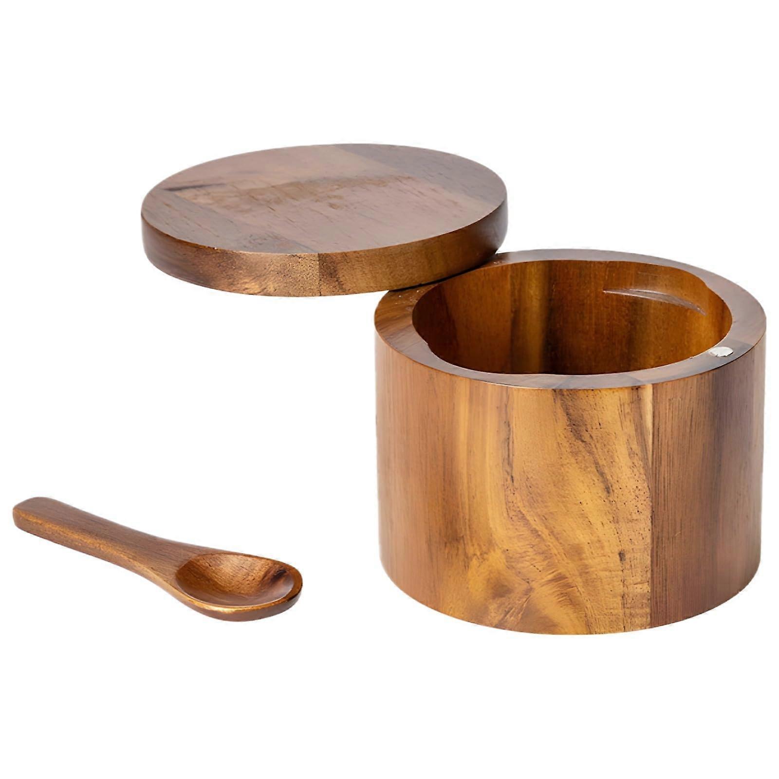 Acacia Wood Spice Container with Airtight Rotating Lid and Spoon for Salt, Pepper, Herbs