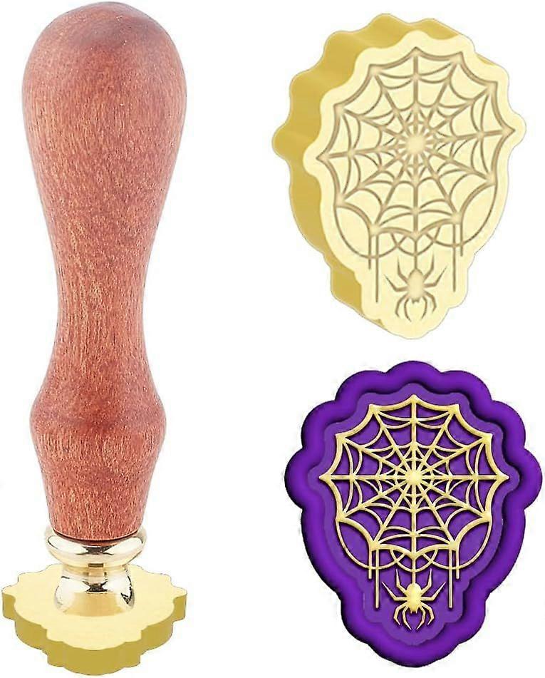 Spider Web Wax Seal Stamp Replaceable Envelopes DIY Seal Stamp Retro 3D Relievo Brass Head Yellow Sandalwood Handle for Party Invitation Card Spooky D