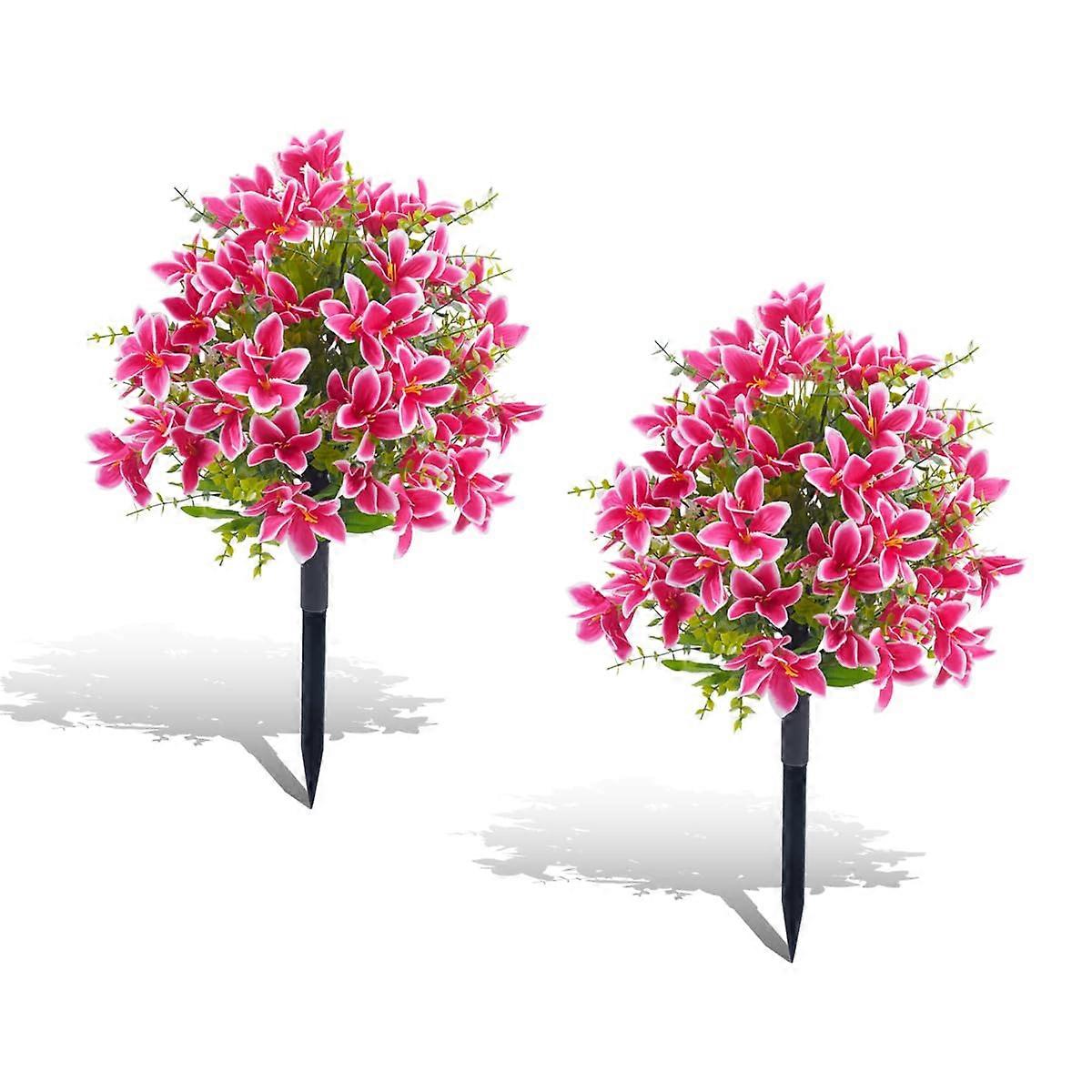 23 Inch Artificial Lily Topiary Trees Set of 2, Rose Red Faux Bushes with Silk Petals and Rustproof Spikes for Garden and Home Decor