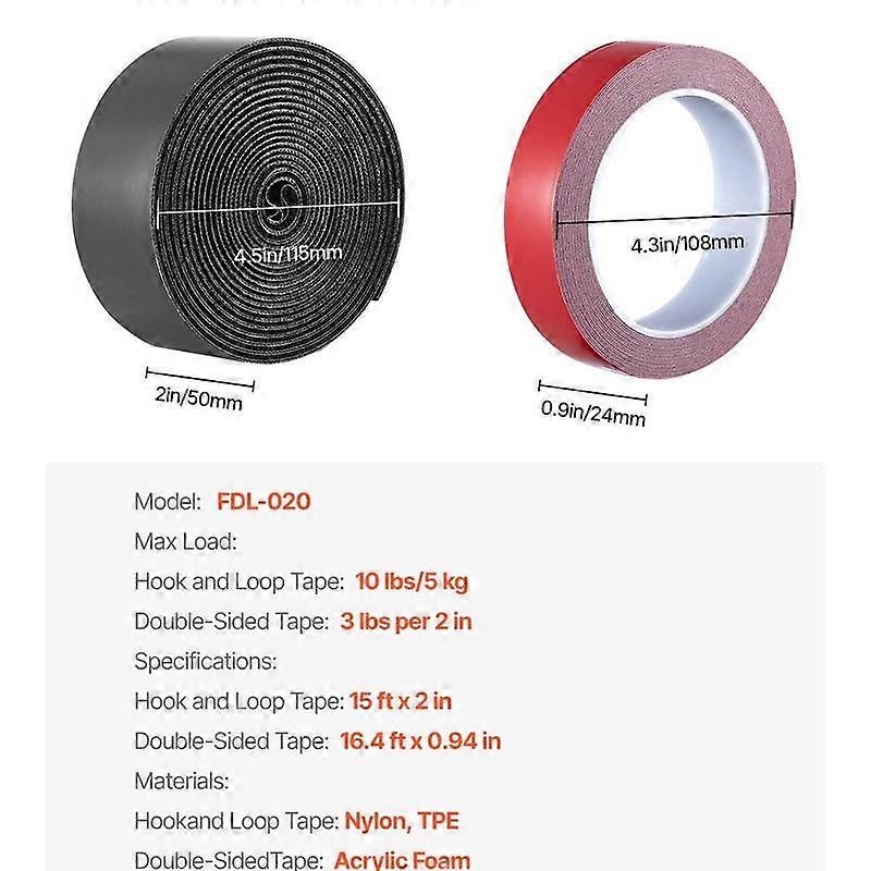 VEVOR 15 ft x 2 in Hook Loop Tape and 16.4 ft x 0.94 in Double-Side Strips,  Nylon Self Adhesive Heavy Duty Strips Roll,  Sticky Back Fasten