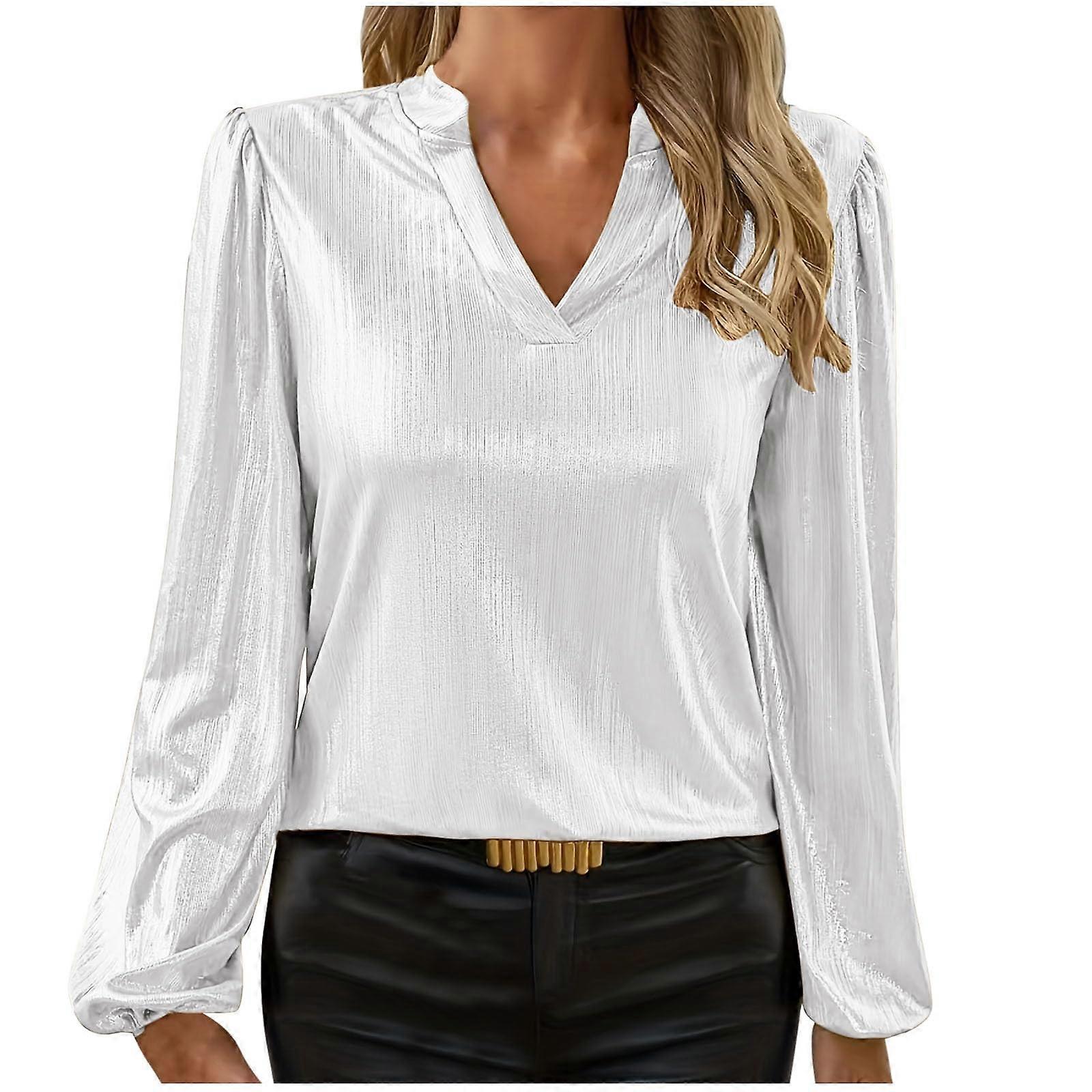 Elegant women's shirt, fashionable top, V-neck, long sleeves, lightweight and loose summer shirt  White XL
